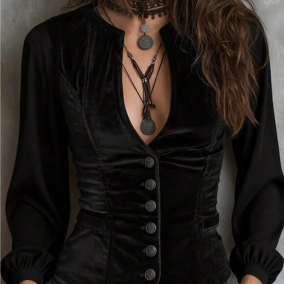 Black Elegant Women's Patchwork Velvet V-Neck Button-Down Jacket - Picture 2 of 4
